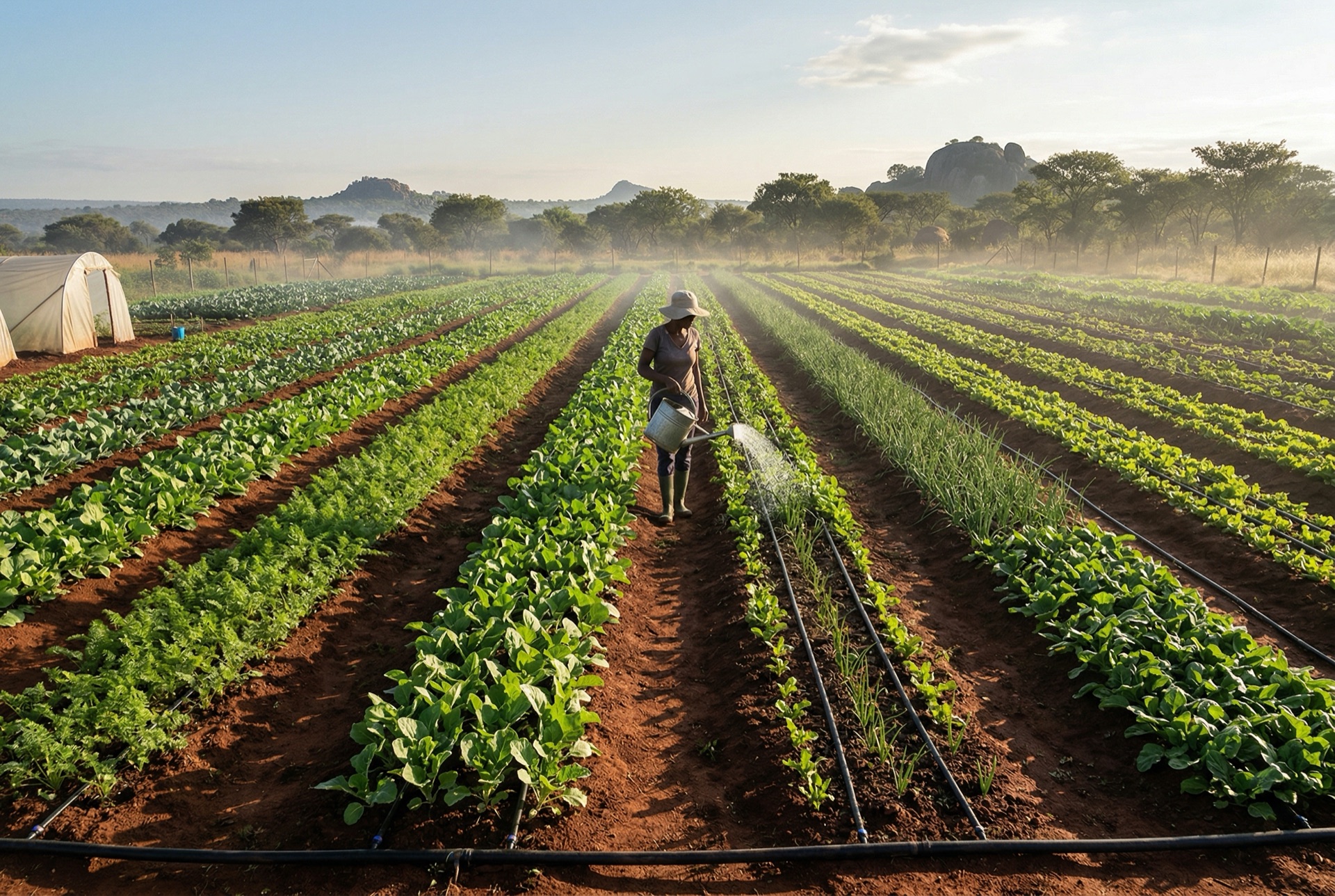 Woman watering a market garden