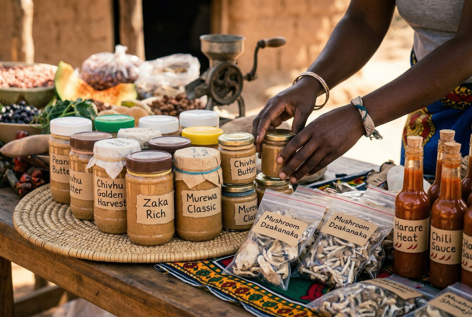 Homemade peanut butter jars at a market