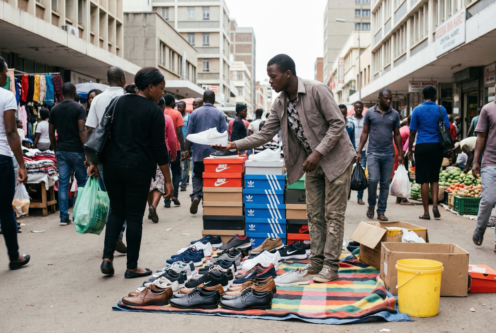 Man selling imported shoes on a Harare sidewalk