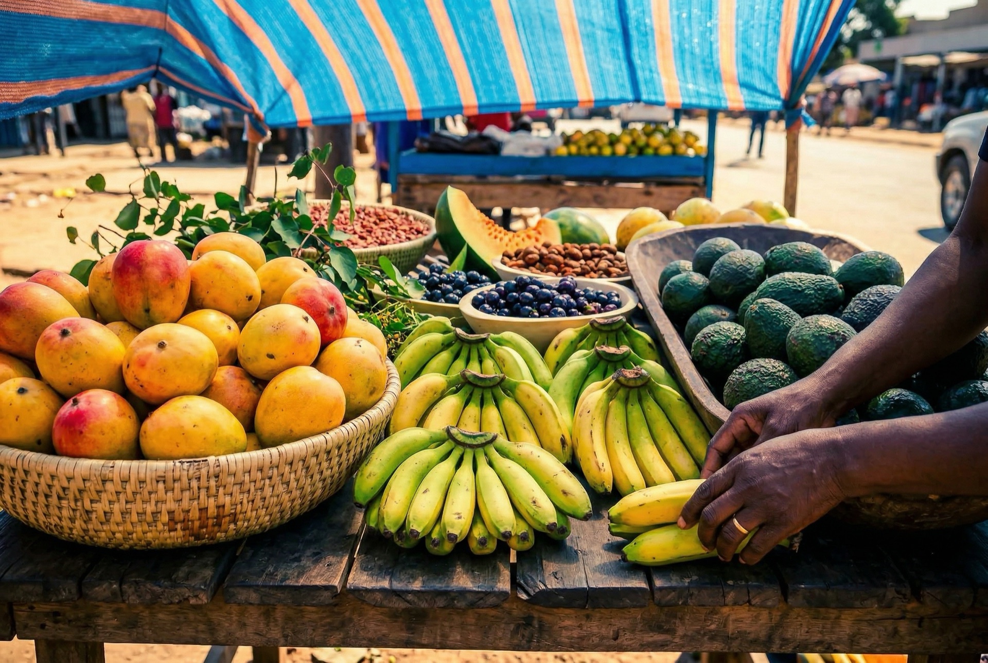 Fruit stand with mangoes and bananas