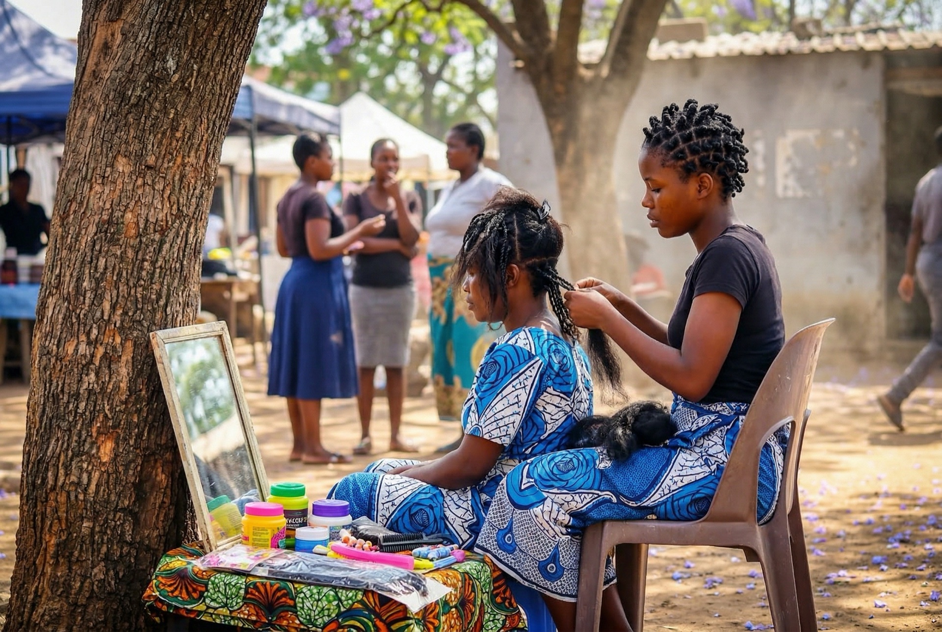Hair braiding under a jacaranda tree