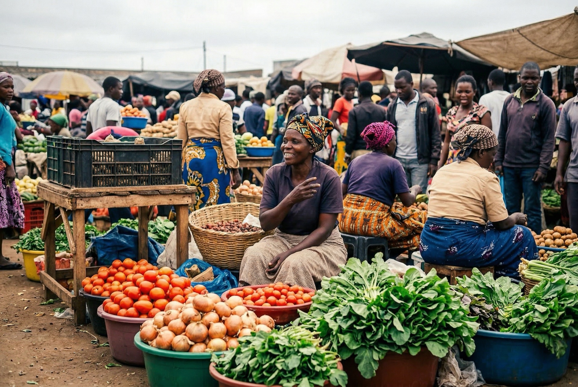 Woman selling tomatoes and greens at Mbare Musika market, Harare