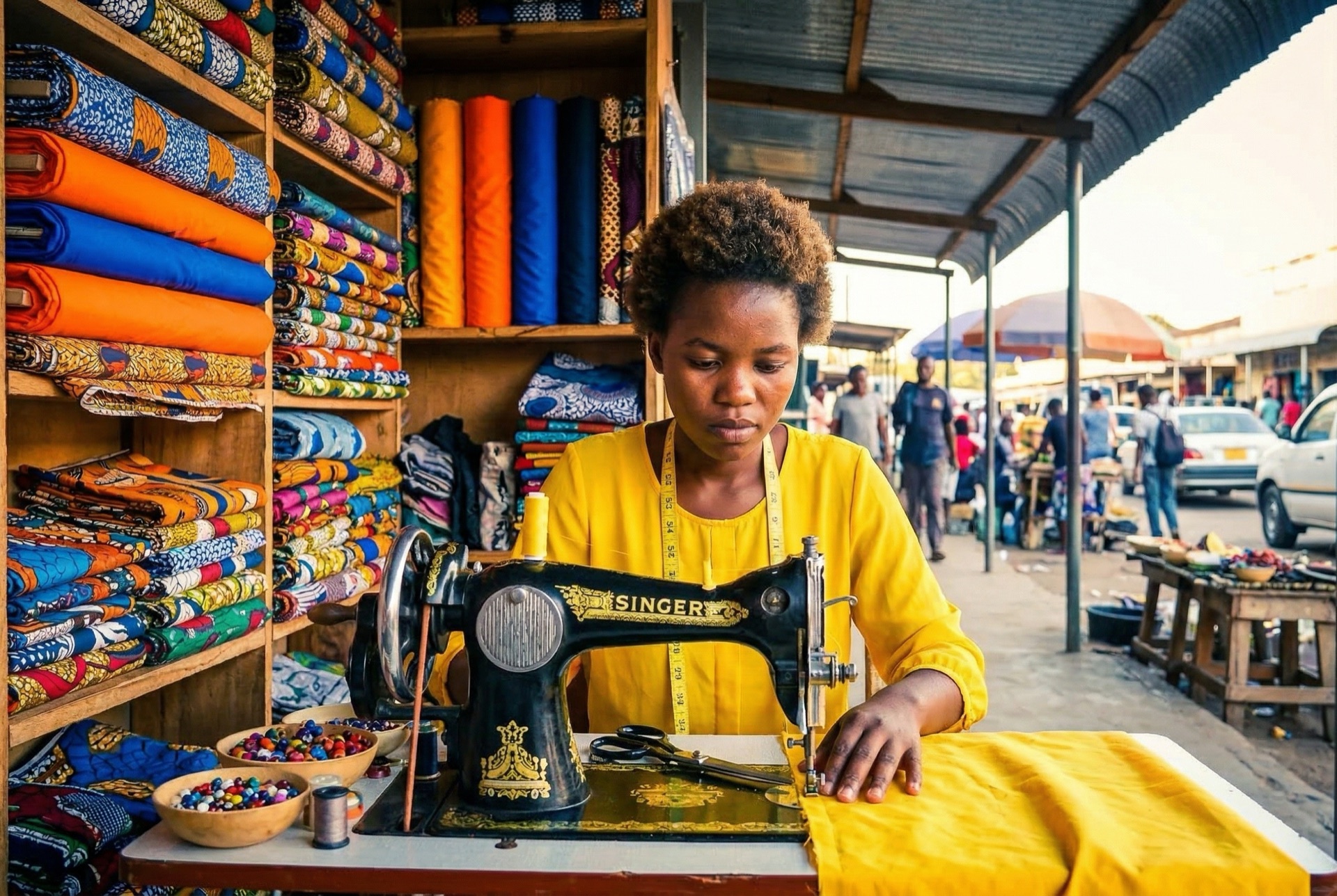 Tailor sewing at a roadside shop in Harare